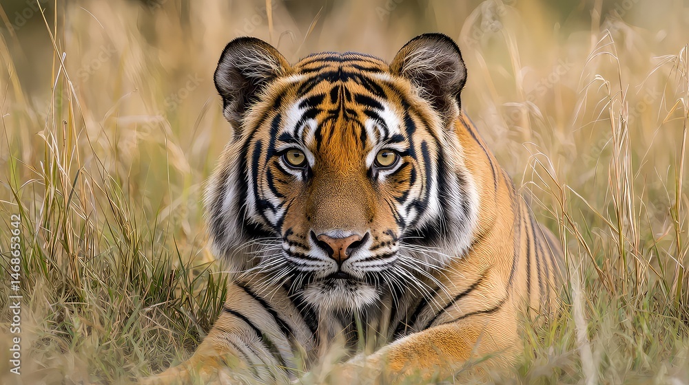 Majestic Tiger Portrait Lying in Golden Grass Field Illuminated by Natural Sunlight Warm Light Majestic Tiger Portrait Lying in Golden Grass Field Illuminated by Natural Sunlight Warm Light
