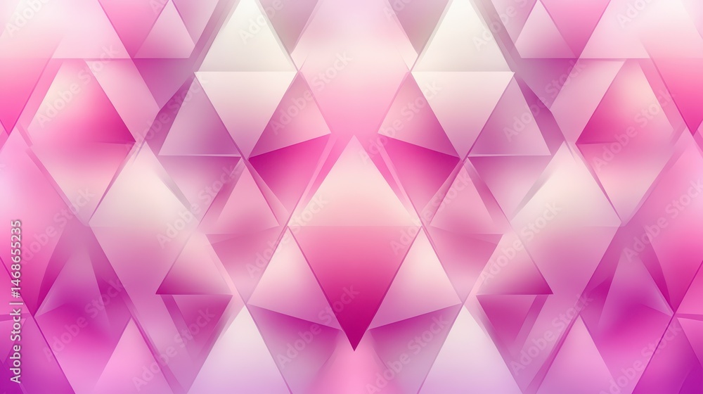 Fototapeta premium Abstract background with geometric shapes in shades of pink and white. Triangle shapes create a symmetrical mosaic pattern, suitable for modern design projects.
