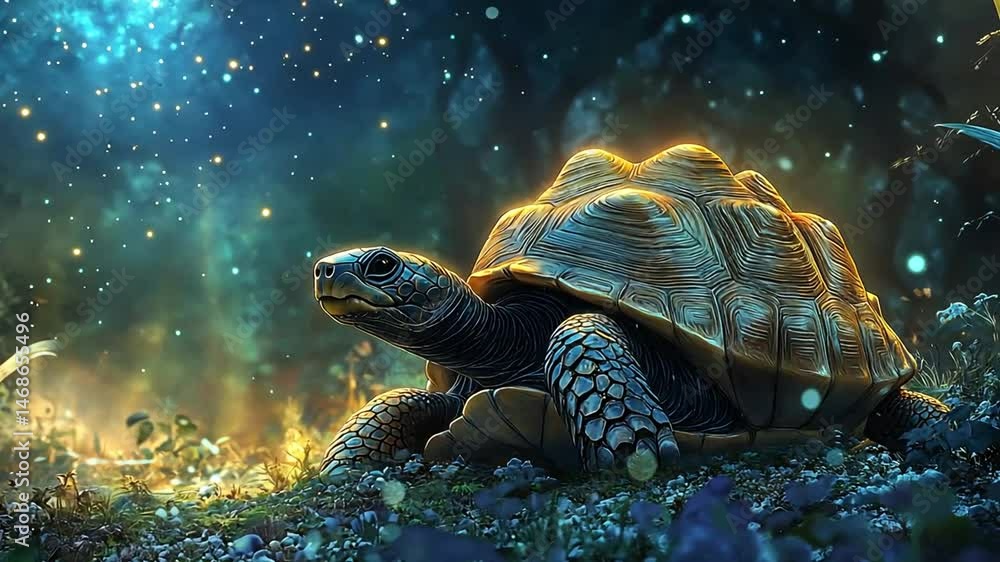 A majestic turtle surveys a dreamlike, starlit forest with a mystical atmosphere and glowing lights. A majestic turtle surveys a dreamlike, starlit forest with a mystical atmosphere and glowing lights.