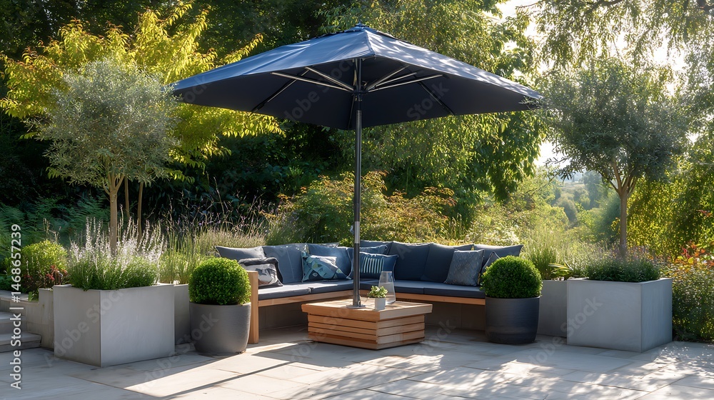 Obraz premium Modern outdoor seating area with umbrella and planters in a tranquil garden setting