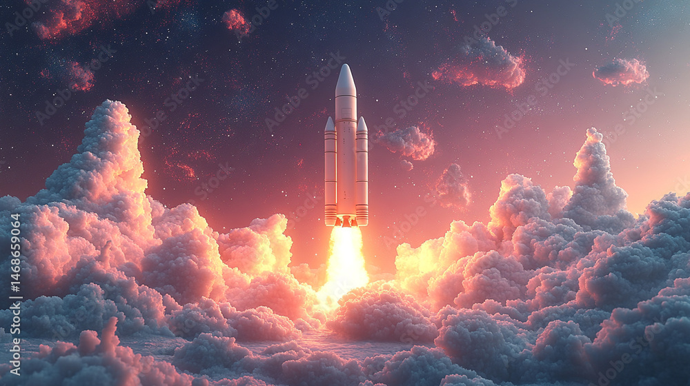 Fototapeta premium Rocket launching through clouds at sunset in space