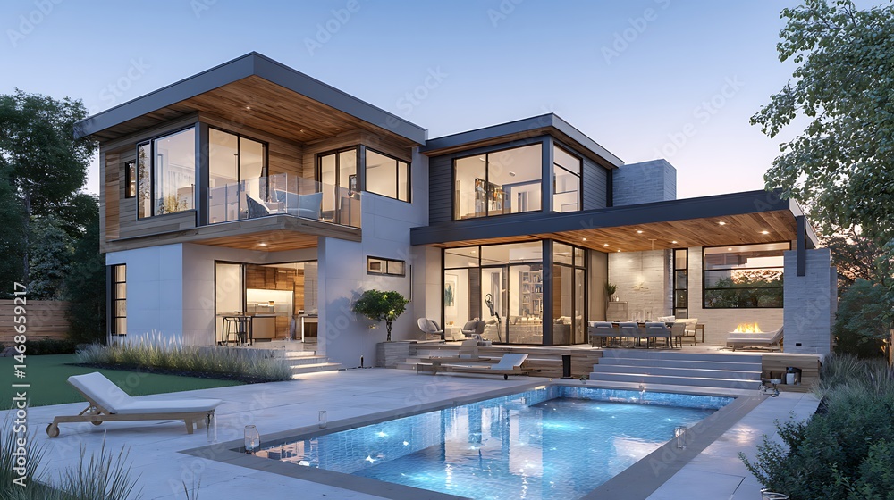 Modern two, story house featuring a pool and outdoor seating area during golden hour Modern two, story house featuring a pool and outdoor seating area during golden hour