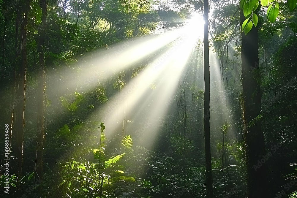 Fototapeta premium Sunbeams Streaming Through Lush Green Forest
