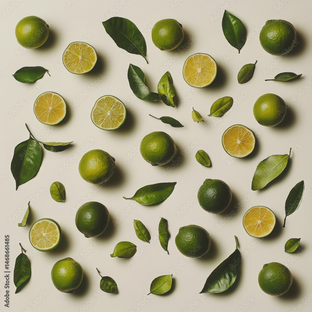 Limes and leaves flat lay pattern on a white background Limes and leaves flat lay pattern on a white background