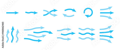 Vector Set of Blue Air Flow and Wind Direction Arrows for Ventilation and Motion Design
