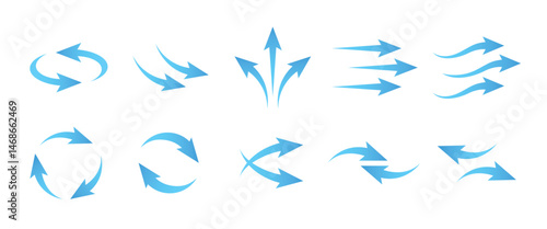 Vector Arrows Set Showing Wind Flow, Air Circulation, and Motion Direction in Blue Gradient
