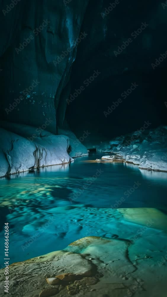 Stunning Turquoise Underground River in Dark Cave, Crystal Clear Water Reflecting Cave Walls, Mysterious and Serene Atmosphere Stunning Turquoise Underground River in Dark Cave, Crystal Clear Water Reflecting Cave Walls, Mysterious and Serene Atmosphere