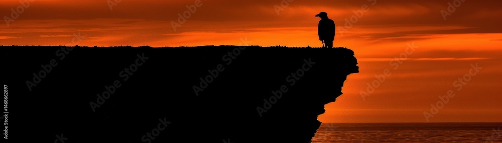 Naklejka premium A solitary bird perches on the edge of a cliff, silhouetted against a vivid orange sunset sky and calm sea.