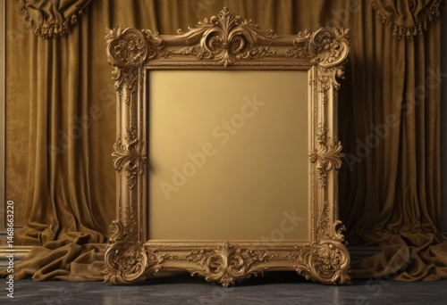 Ornate gold frame with swirling scrolls against plush velvet backdrop  , decor, metal, carved
