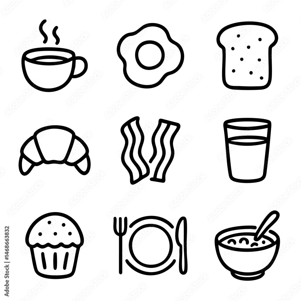 Fototapeta premium A set of doodle line icons illustrating classic breakfast foods and drinks like coffee, eggs, toast, and cereal for menu or design