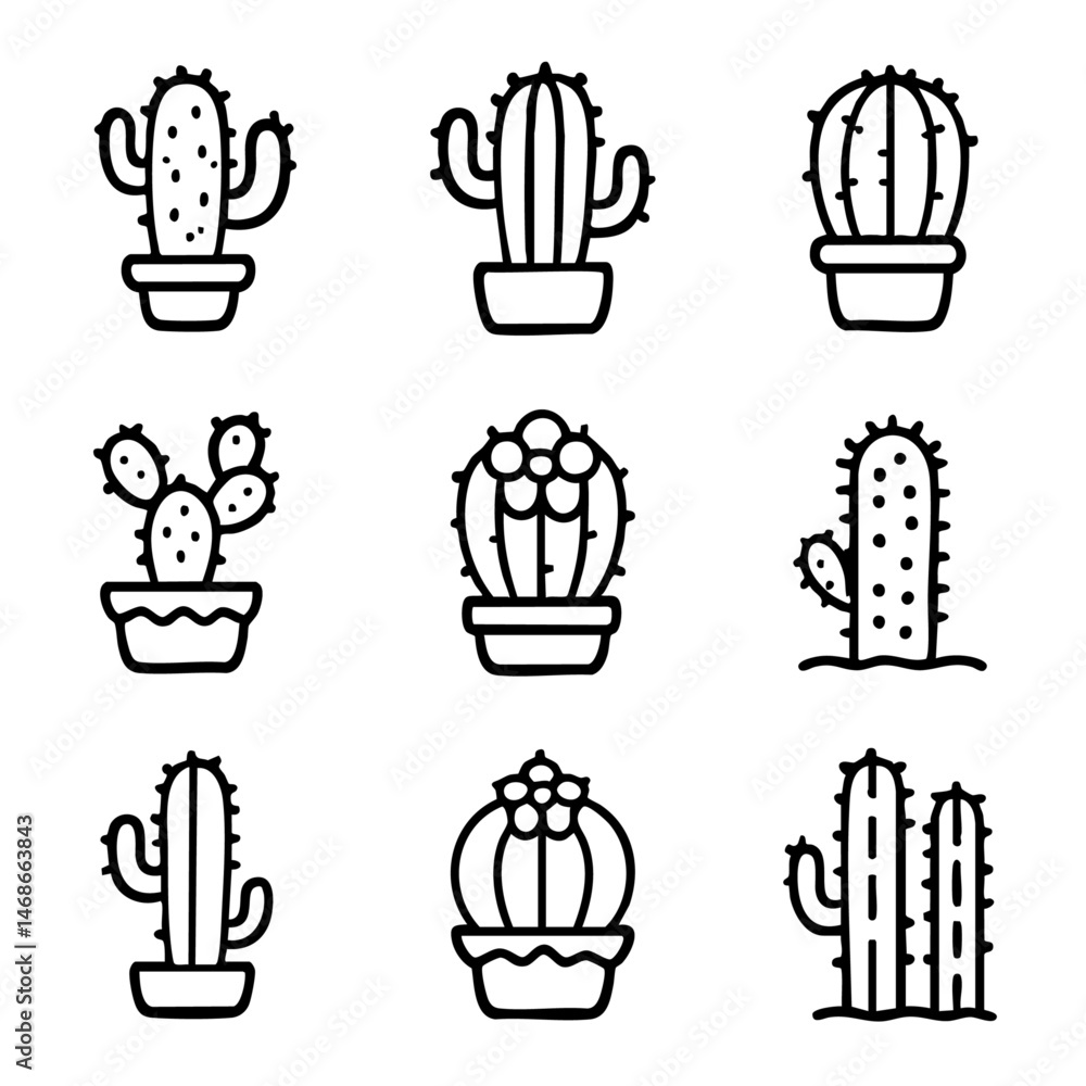 Fototapeta premium A set of doodle line icons featuring various cactus plants in pots and desert settings, ideal for nature, decor, and gardening themes