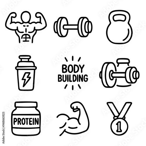 A set of doodle line icons showcasing bodybuilding and gym-related elements like weights, muscles, supplements, and trophies