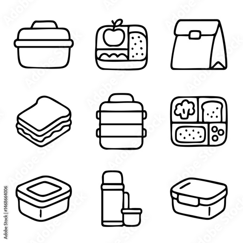 A set of doodle line icons featuring lunchboxes, meal trays, sandwiches, and food containers, perfect for school, office, or meal prep themes