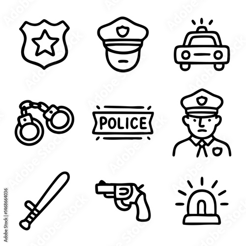 A set of doodle line icons showing police-related items including badge, car, handcuffs, officer, and gear for crime, safety, or justice themes