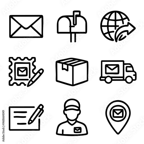 A set of doodle line icons featuring envelopes, parcels, trucks, and postal tools, ideal for delivery, logistics, and communication designs