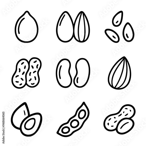 A set of doodle line icons featuring various nuts, seeds, and legumes like peanuts, almonds, beans, and soy, ideal for food and nutrition themes