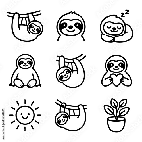 A set of doodle line icons featuring adorable sloths in various poses, along with nature elements like sun and plants, perfect for lifestyle or animal themes