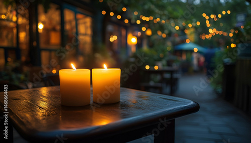 Two Lit Candles on Wooden Table at Night Outdoor Setting