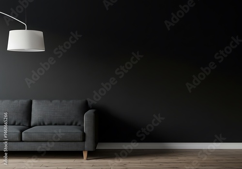 Dark Gray Sofa, Black Wall, Floor Lamp, Modern Interior