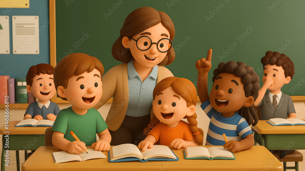 Fototapeta premium 3D Cartoon Classroom Scene with Teacher and Students
