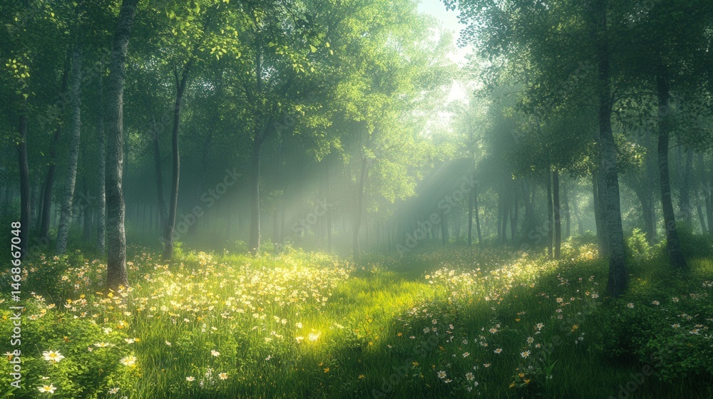 Obraz premium Beautiful sunlit forest with a wildflower-covered path, offering peace and tranquility.
