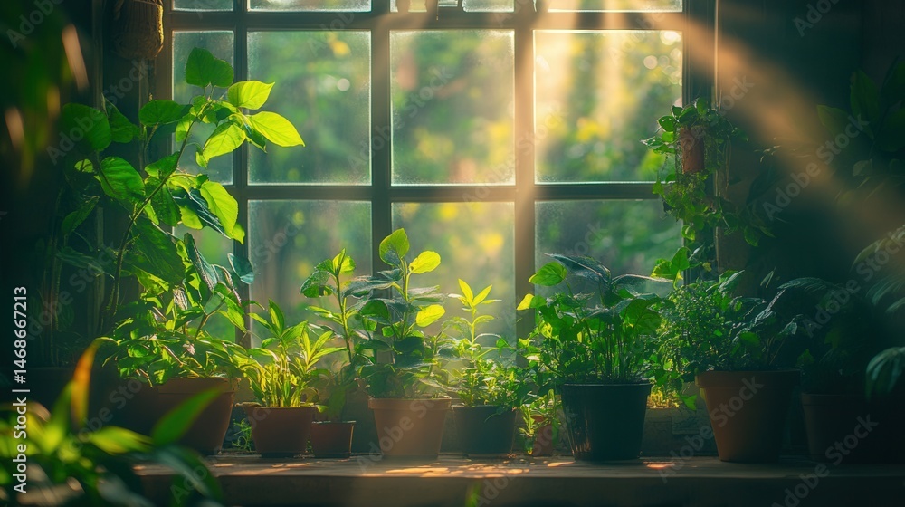 Obraz premium Sunlit indoor scene featuring an array of green potted plants in front of a window.