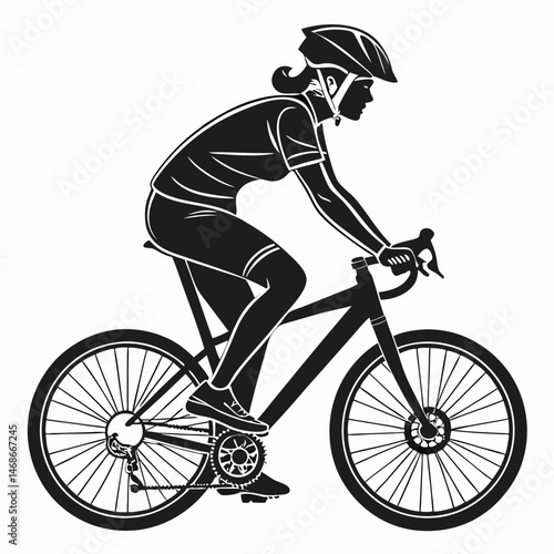 vector icon of a person riding a bicycle with a helmet, black silhouette, white background, clean design
