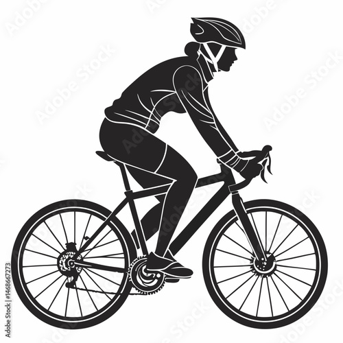 vector icon of a person riding a bicycle with a helmet, black silhouette, white background, clean design