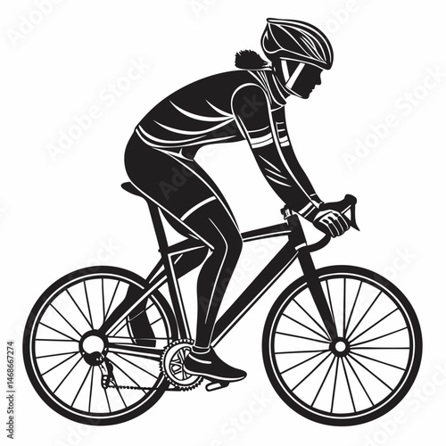 vector icon of a person riding a bicycle with a helmet, black silhouette, white background, clean design