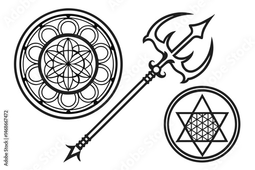 186 Trident silhouettes, Hindu Shiva symbols, black and white graphic design, minimalist religious iconography, symmetrical patterns, ancient spiritual emblems, sacred geometry, symbolic weaponry, div