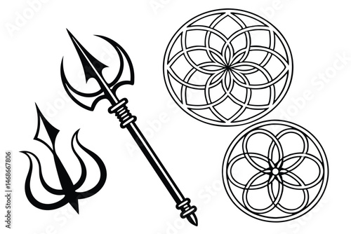 186 Trident silhouettes, Hindu Shiva symbols, black and white graphic design, minimalist religious iconography, symmetrical patterns, ancient spiritual emblems, sacred geometry, symbolic weaponry, div
