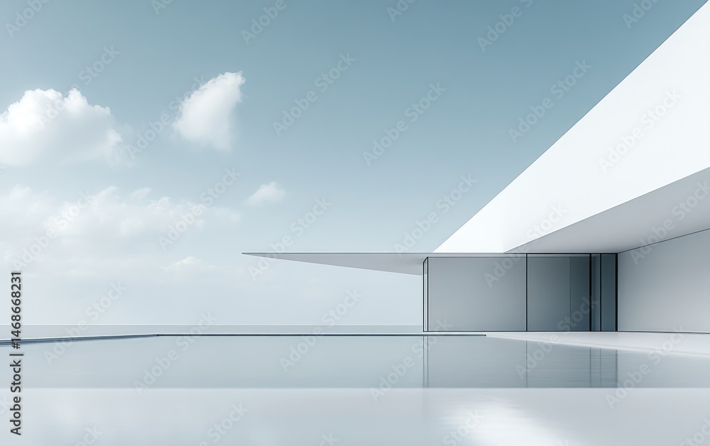 Obraz premium Minimalist white architecture by a tranquil pool