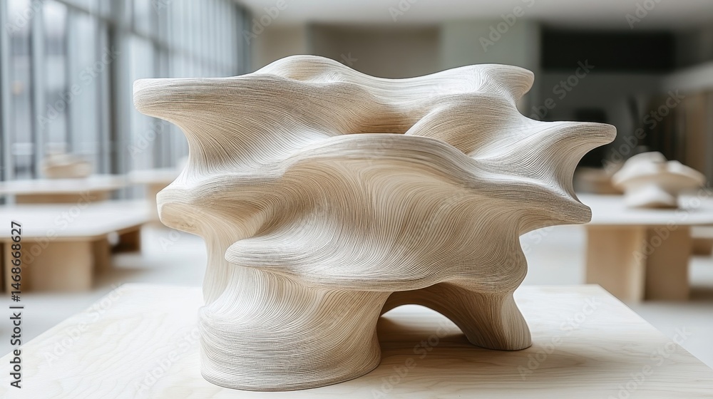 Naklejka premium Abstract wood sculpture on display in modern gallery
