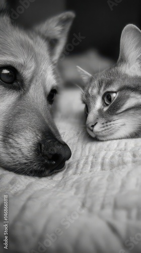 Close-up monochrome image of a dog and cat resting together.