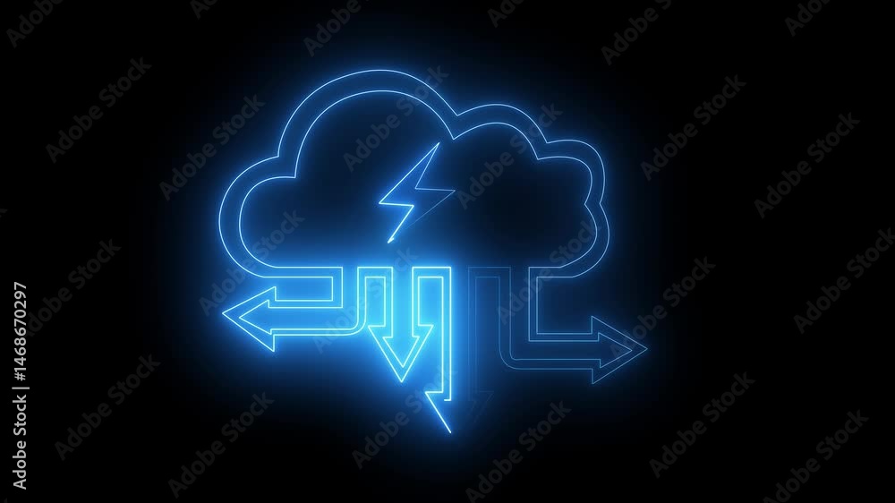 glowing neon Cloud computing power supply concept On black background. geometric blue lines are moving towards a cloud with Data Flow Network Cables with data transmission. glowing neon Cloud computing power supply concept On black background. geometric blue lines are moving towards a cloud with Data Flow Network Cables with data transmission.