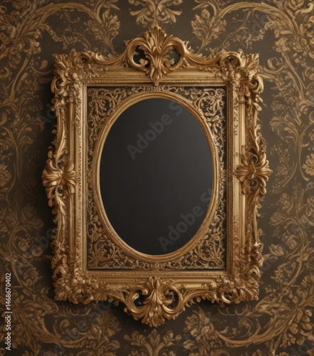 Ornate gold frames on rich damask, floral details ,  fabric texture,  embossed