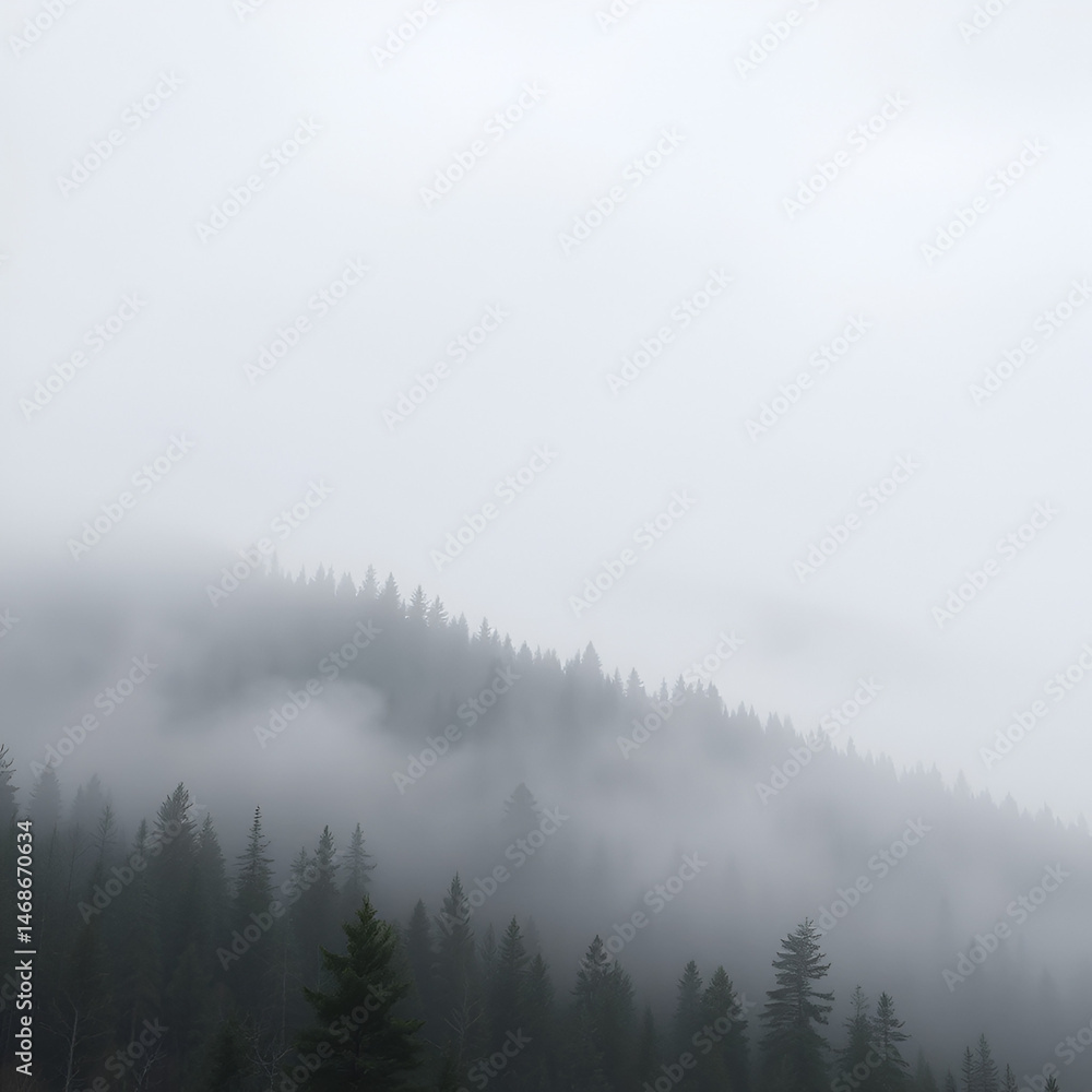 Fog mist haze mistiness haziness in nature mountain forest trees on cloudy foggy misty winter fall autumn morning. Copy space for text. Panoramic landscape view scene Fog mist haze mistiness haziness in nature mountain forest trees on cloudy foggy misty winter fall autumn morning. Copy space for text. Panoramic landscape view scene