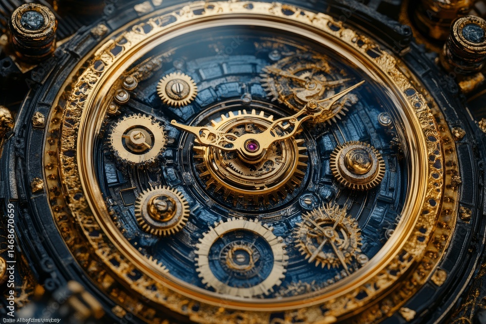 Obraz premium Intricate Gold and Blue Steampunk Clockwork Gears