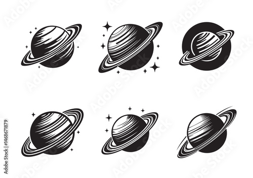 Planet Saturn With Planetary Ring Silhouette Vector Set