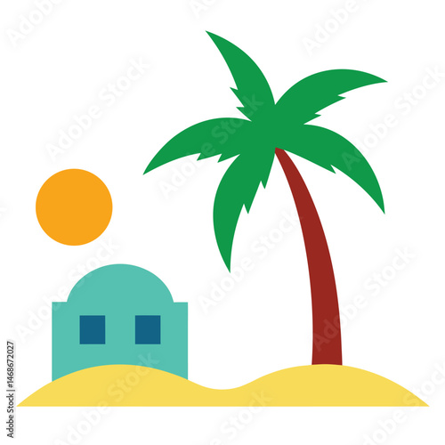 Tropical Beach House Paradise Palm Tree, Sun, and Sandy Shores Illustration
