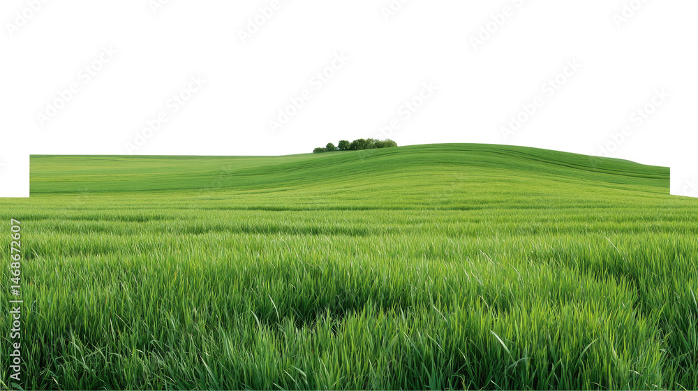 Obraz premium Serene Rolling Hills: A gentle, verdant landscape unfolds before you, rolling hills cloaked in lush, green grass, culminating in a cluster of trees at the horizon.