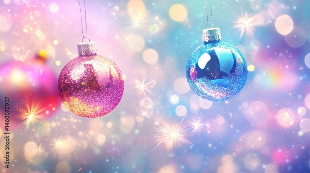 Fototapeta premium Festive Christmas background with glittery pink and blue ornaments hanging against a soft bokeh backdrop with sparkling stars and snowflakes, holiday season.