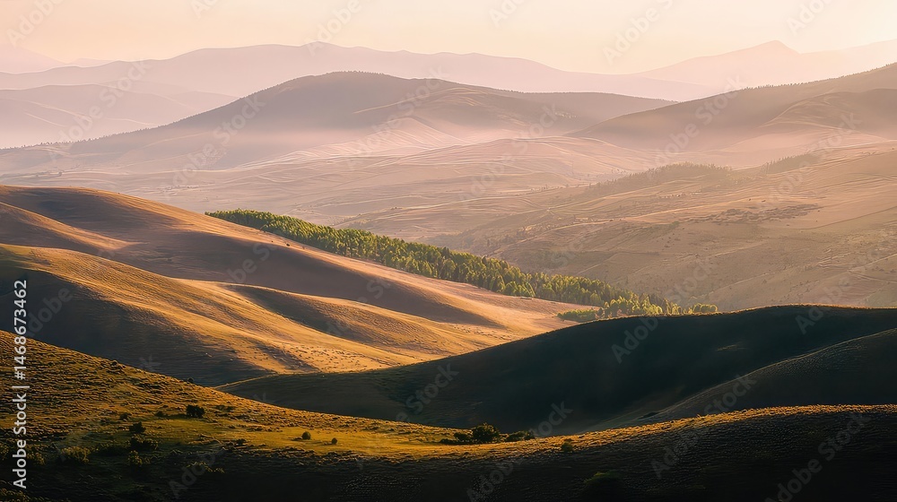 Fototapeta premium Scenic Golden Hour Over Rolling Mountain Ranges with Light Fog and a Dramatic Horizon
