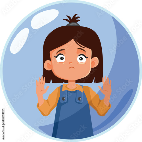Unhappy Little Girl Isolated in a Bubble Vector Cartoon Character. Insecure and abandoned child feels totally isolated and sad 

