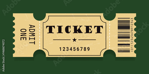Vintage event ticket with a barcode, serial number, and ADMIT ONE text. Retro beige design with grunge texture and perforated edges. Perfect for classic-themed shows or fairs.Vector illustration.
