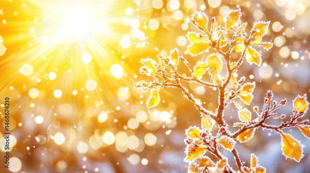 Fototapeta premium Golden winter sunlight through frosted leaves.