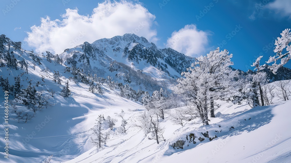 Scenic Snowy Mountain Landscape with Trees and Rocks Under Blue Sky Winter Day Scenic Snowy Mountain Landscape with Trees and Rocks Under Blue Sky Winter Day