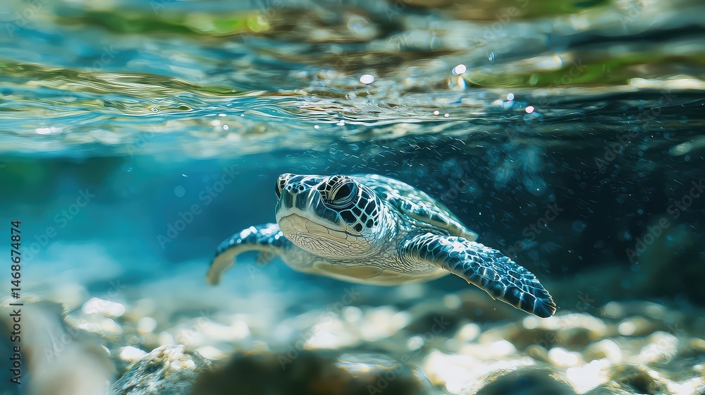 Obraz premium Sea Turtle Swimming Near Surface with Sunlight Filtering Through Water In Clear Ocean