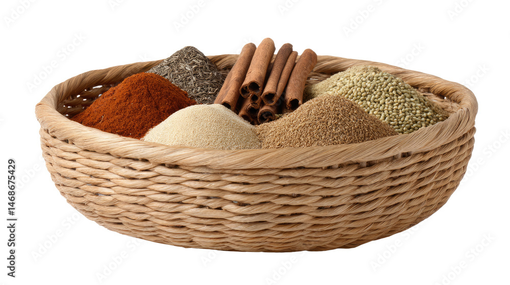 Obraz premium Spice Basket: A close-up shot of an assortment of aromatic spices and seasonings, neatly arranged in a woven basket, offers a glimpse into the world of culinary delights.