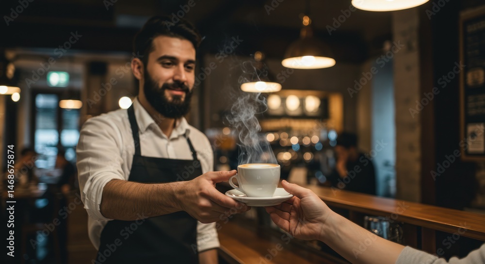 A barista hands a cup of coffee to a customer in a cafe. A barista hands a cup of coffee to a customer in a cafe.